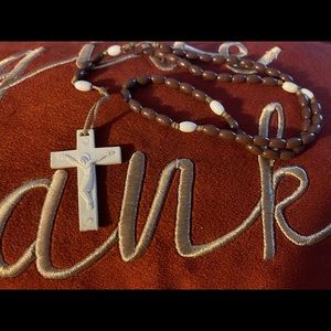 1976 White Cross Burgundy Beads Rosary